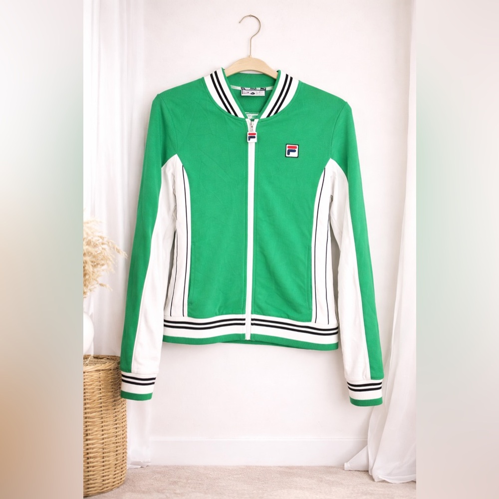 Fila Sport Zip-Up Track Jacket Green White Striped Trim Athletic Jacket
